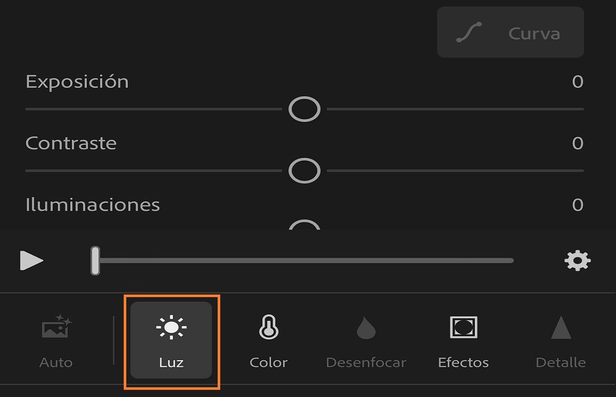 captura de pantalla del panel Luz para editar vídeos