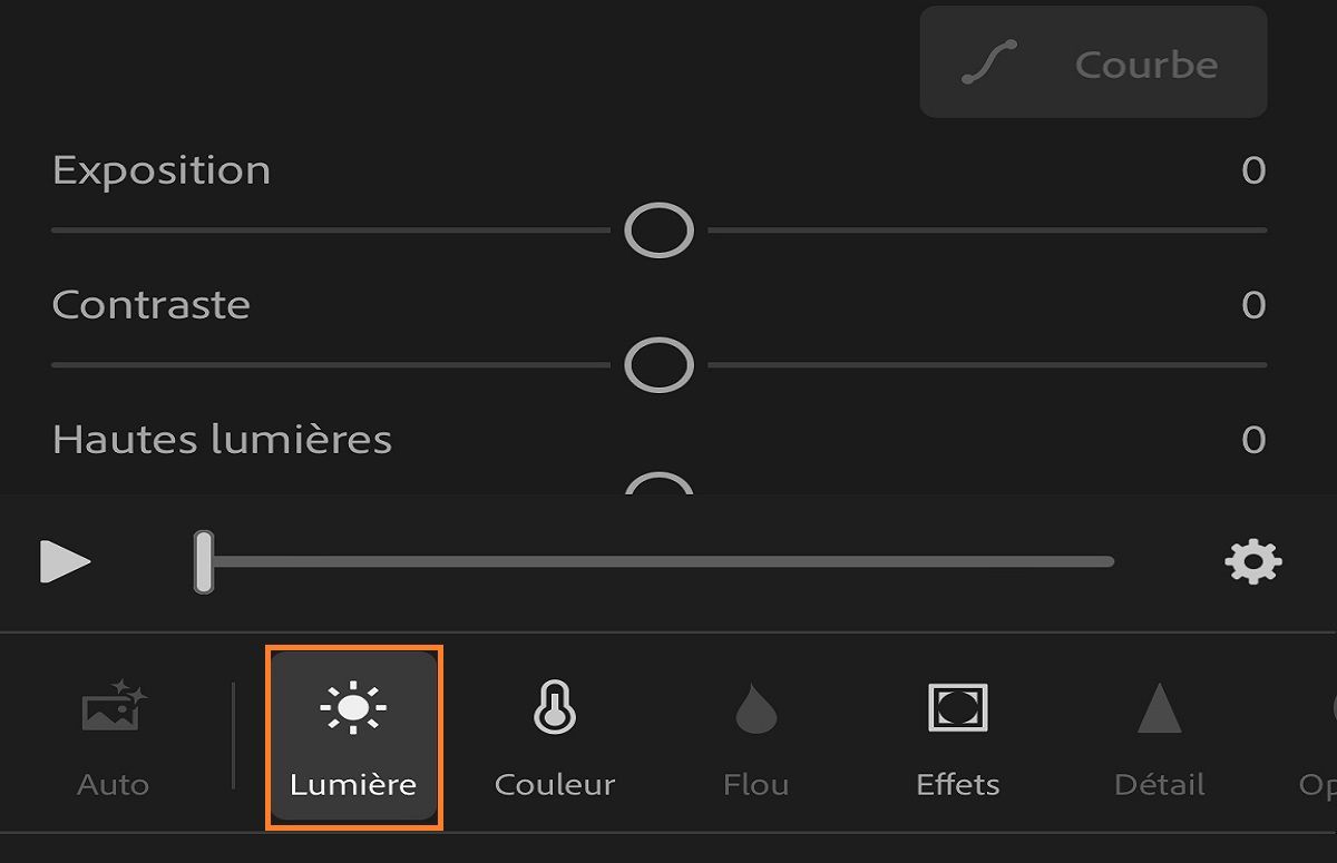 capture d’écran du panneau Lumière pour le montage vidéo