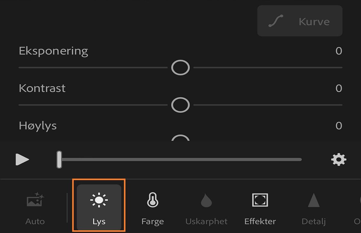 skjermbilde av Lys-panelet for redigering av videoer