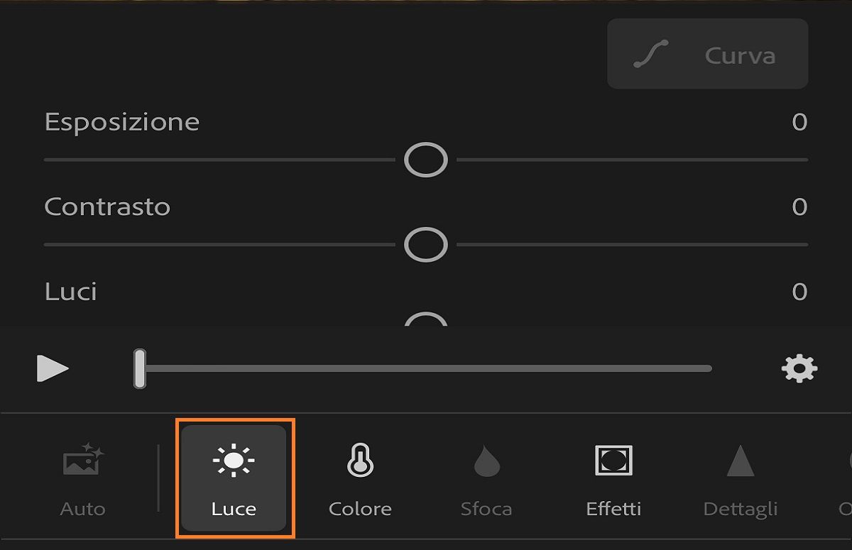 schermata del pannello Luce per modificare i video
