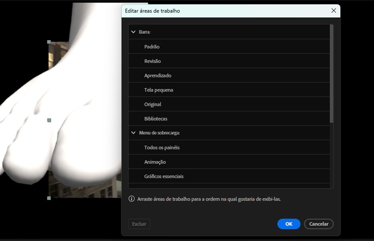 A caixa de diálogo “Editar espaços de trabalho” lista várias opções do espaço de trabalho, como padrão, revisão, aprendizagem, tela pequena, bibliotecas, menu de estouro, todos os painéis e animação. É possível arrastar esses espaços de trabalho para organizá-los na ordem que você preferir.