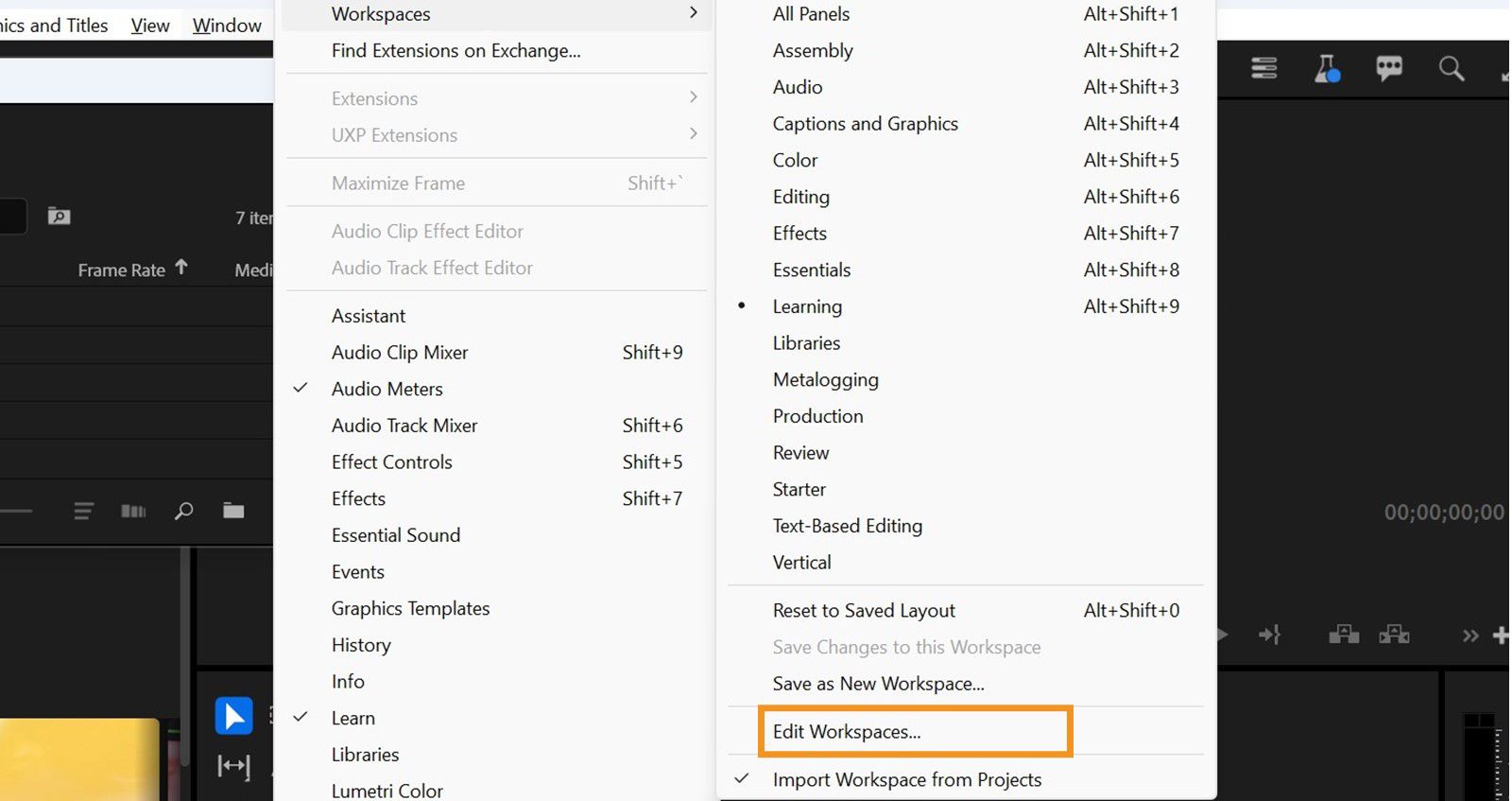 Edit Workspaces dialog is displayed and you can reorder workspaces, hide them, or delete custom workspaces.