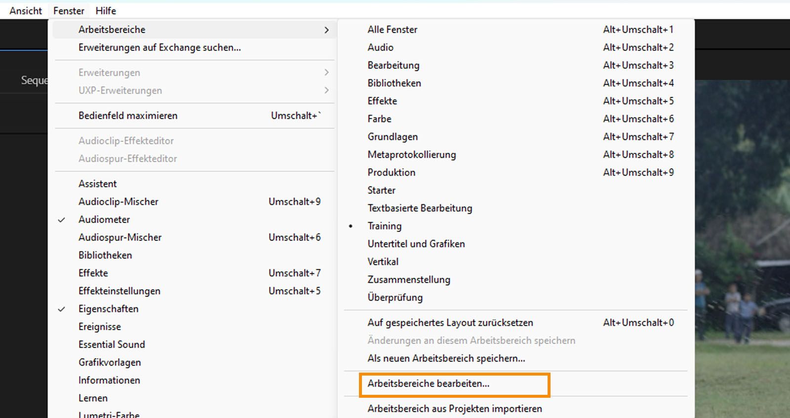 Das Dialogfeld „Arbeitsbereiche bearbeiten“ wird angezeigt und du kannst Arbeitsbereiche neu anordnen, ausblenden oder benutzerdefinierte Arbeitsbereiche löschen.