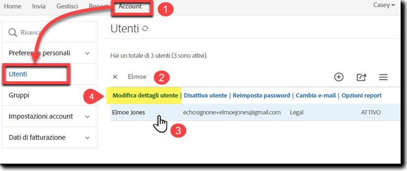 Passa all’utente e seleziona Modifica utente.