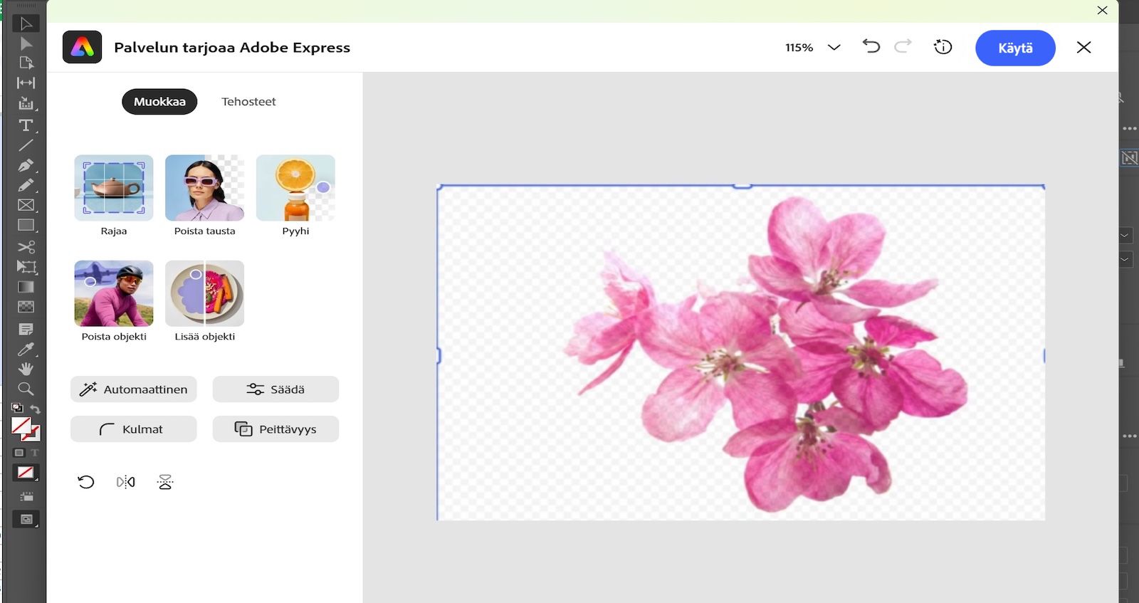 Adobe Express -muokkauspaneeli on auki ja näkyvissä on työkaluja kuten Rajaus, Poista tausta ja Säädä, ja valittuna on kukkakuva.