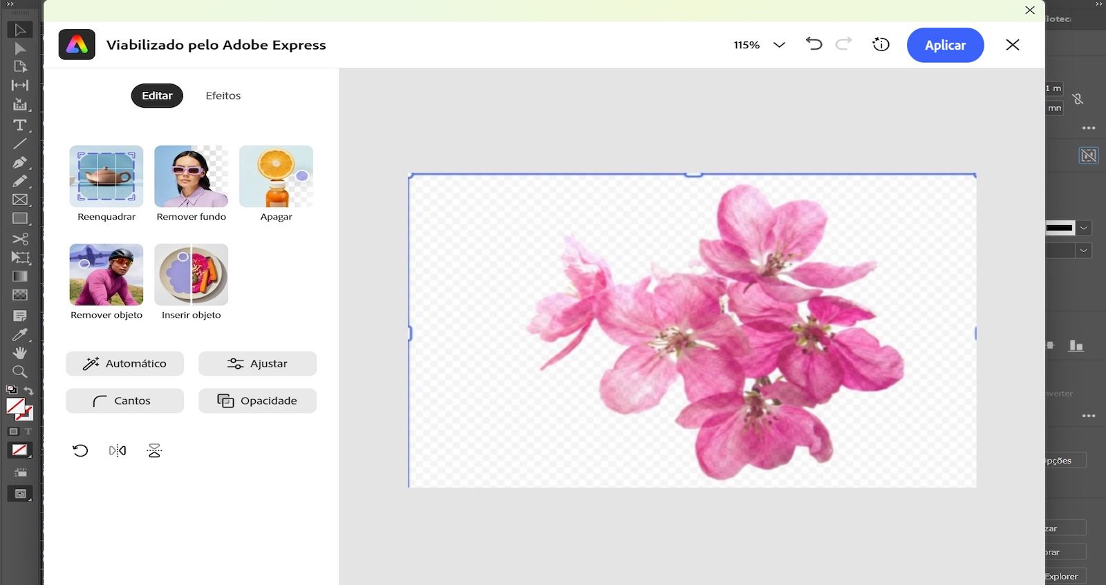 O painel de edição do Adobe Express está aberto e mostra ferramentas como Cortar, Remover fundo e Ajustar com uma imagem de flor selecionada.