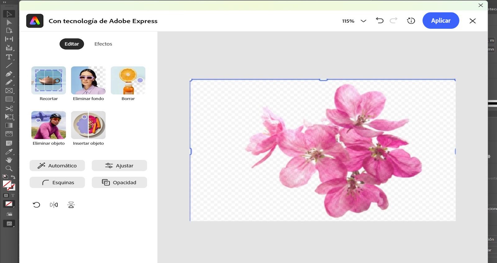 El panel de edición de Adobe Express está abierto y muestra herramientas como Recorte, Quitar fondo y Ajustar con una imagen de flor seleccionada.