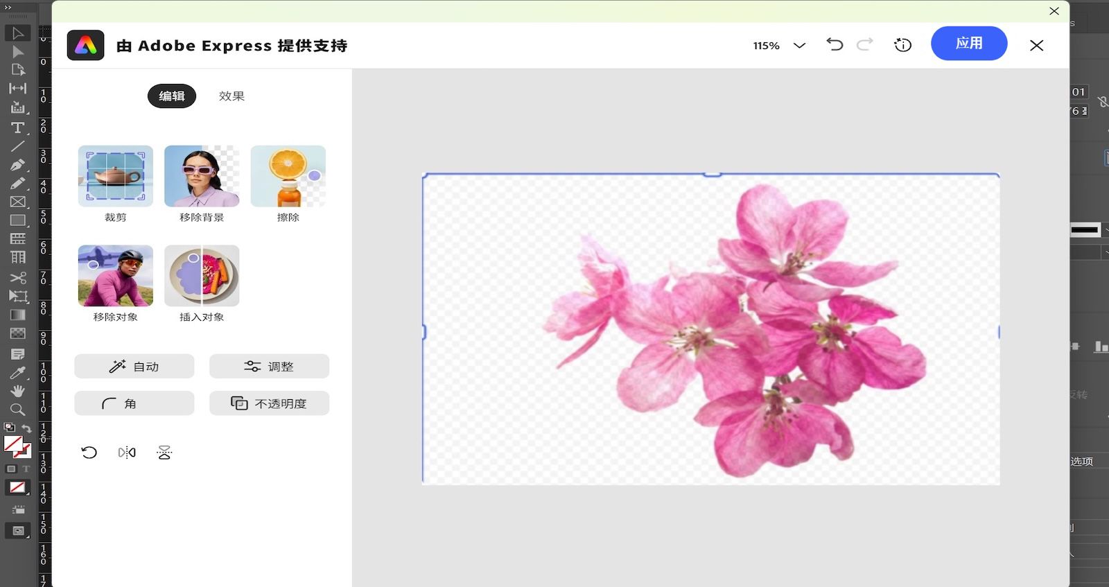 Adobe Express 编辑面板已打开，其中显示了“裁切”、“移除背景”和“调整”等工具，且已选中一张鲜花图像。