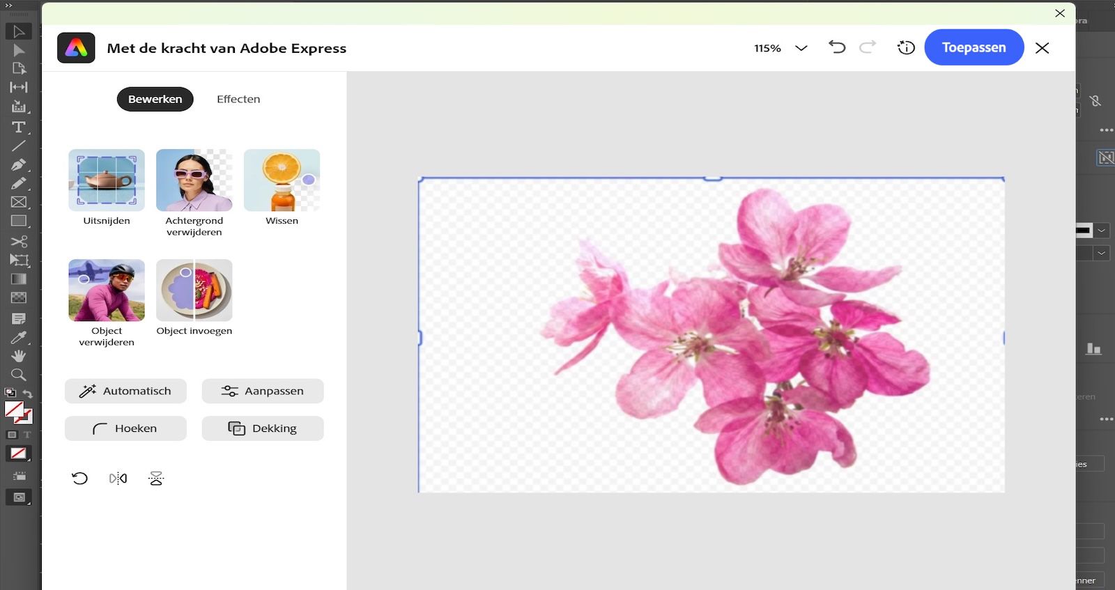 Het Adobe Express-bewerkingsdeelvenster is geopend en toont tools, zoals Uitsnijden, Achtergrond verwijderen en Aanpassen, terwijl er een afbeelding van een bloem is geselecteerd.