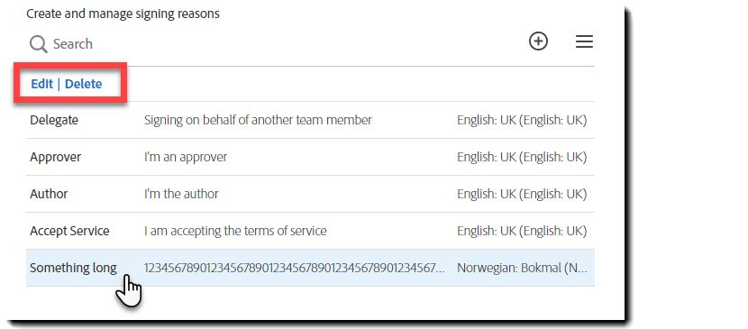 UI で理由が選択されているときの「編集」および「削除」オプション