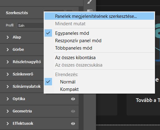 A Szerkesztés panel helyi menü 