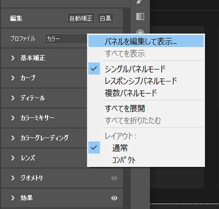 編集パネルのコンテキストメニュー 