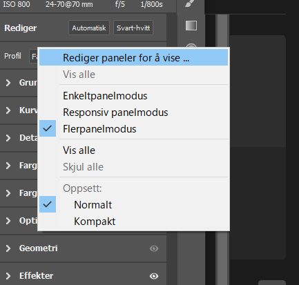 Kontekstmenyen for redigeringspanelet 