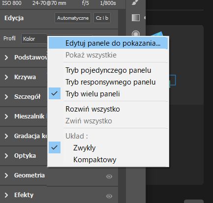Menu kontekstowe panelu Edycja 