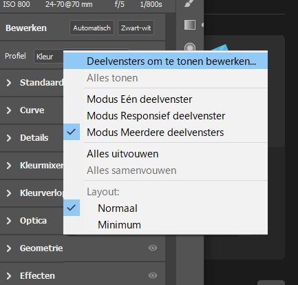 Het contextmenu van het deelvenster Bewerken 