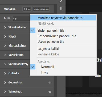 Muokkauspaneelin pikavalikko 