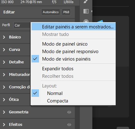 O menu de contexto do painel Editar 