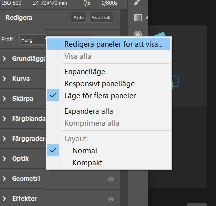 Snabbmenyn i panelen Redigera 