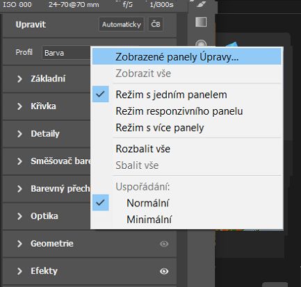 Kontextová nabídka panelu Úpravy 