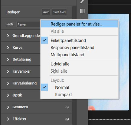 Kontekstmenuen i panelet Rediger 