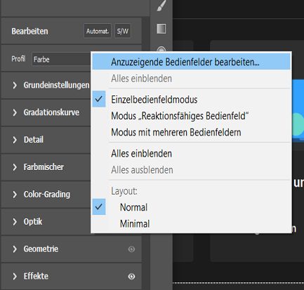 Kontextmenü des Bedienfelds „Bearbeiten“ 