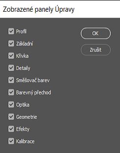 Zrušte výběr panelů, které chcete skrýt na panelu Úpravy