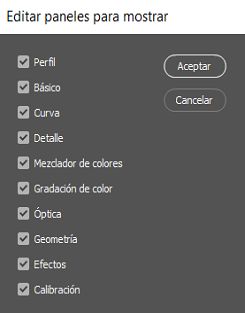 Anule la selección de estos paneles para ocultarlos en el panel Editar