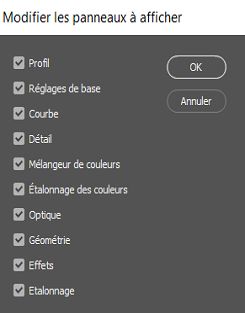 Désélectionner des panneaux pour les masquer dans le panneau Modifier