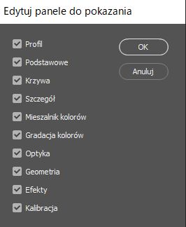 Usuwanie zaznaczenia paneli w celu ich ukrycia w panelu Edycja