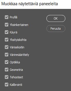Piilota paneelit muokkauspaneelista poistamalla niiden valinta