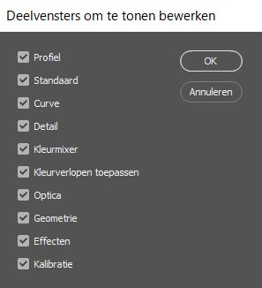 Schakel de selectie van de deelvensters uit die u wilt verbergen in het deelvenster Bewerken