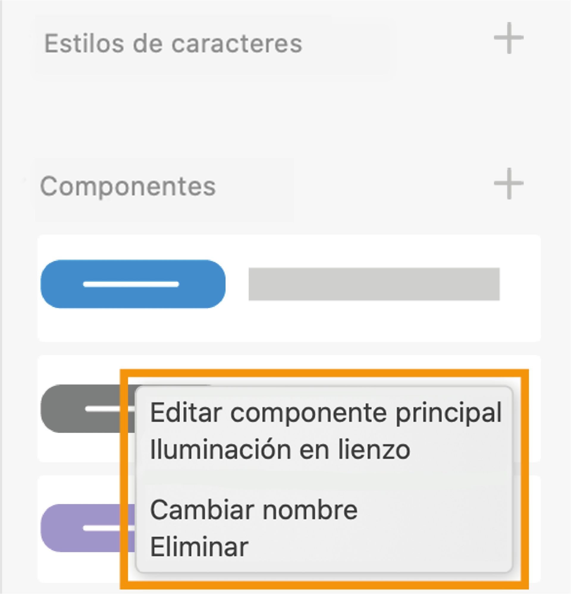 Menú contextual del panel Activos