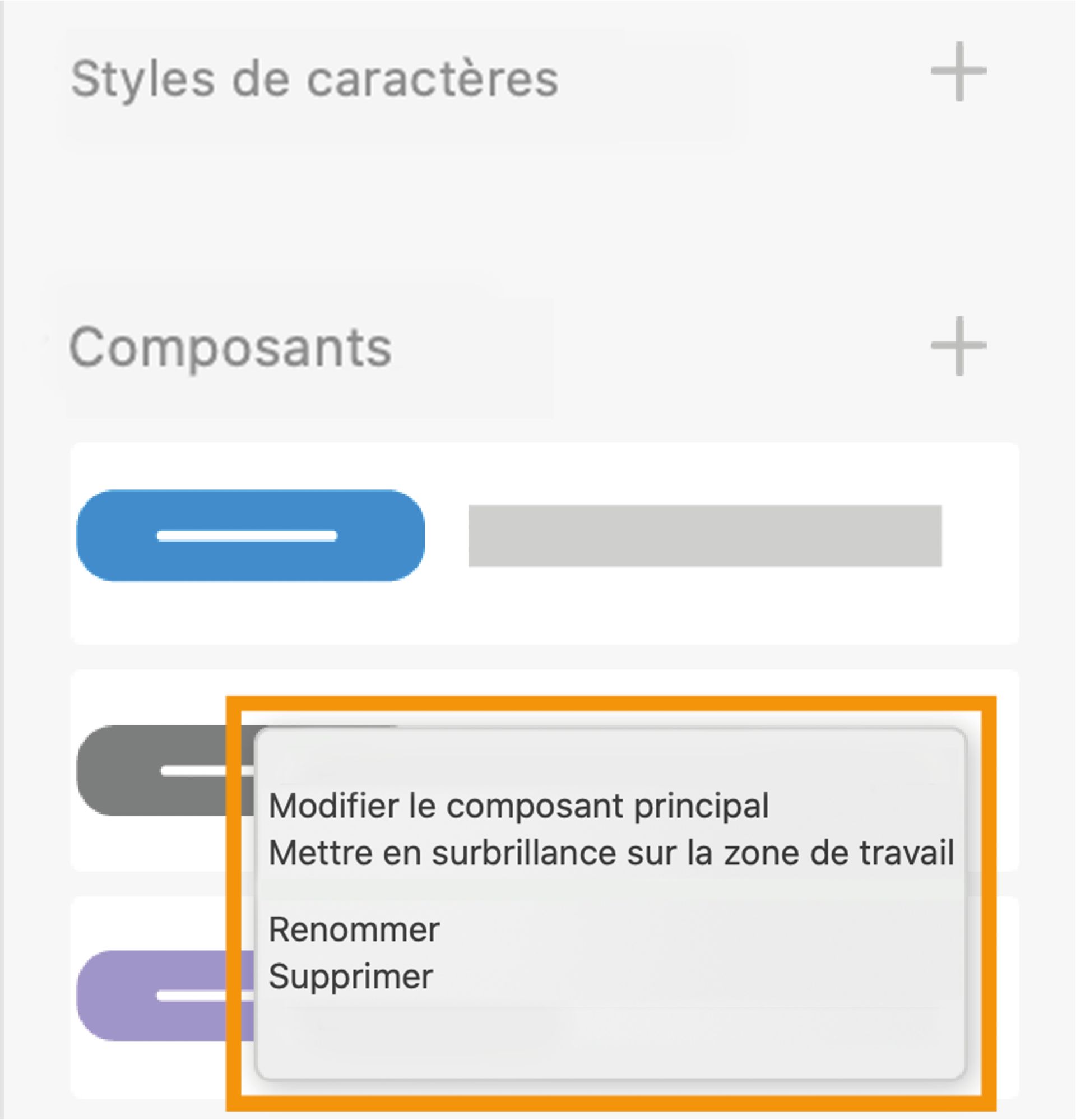 Menu contextuel du panneau Actifs