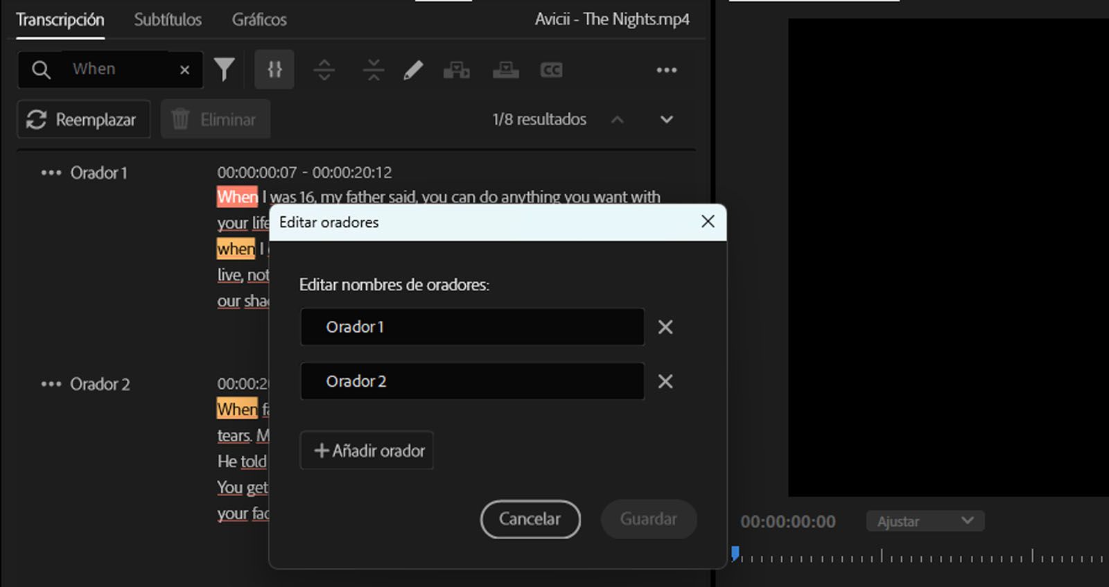 Se abre el cuadro de diálogo Editar oradores, en el que puede editar los nombres de los oradores para su transcripción.