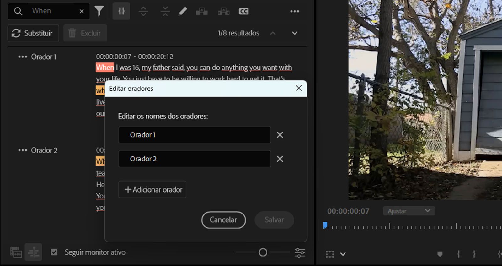 A caixa de diálogo “Editar locutores” aberta, permitindo editar os nomes dos locutores da transcrição.