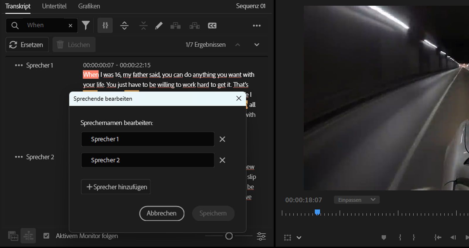 Das Dialogfeld „Sprechende bearbeiten“ ist geöffnet. Dort kannst du die Namen der Sprecherinnen und Sprecher für dein Transkript bearbeiten.