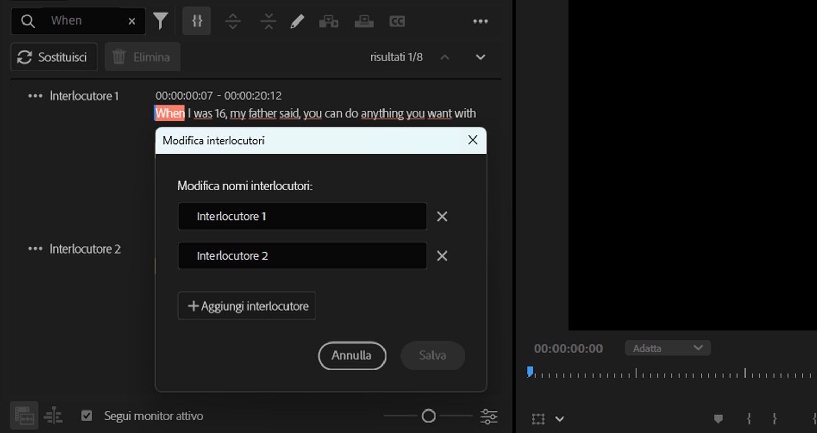 La finestra di dialogo Modifica interlocutori è aperta e puoi modificare i nomi degli interlocutori per la trascrizione.