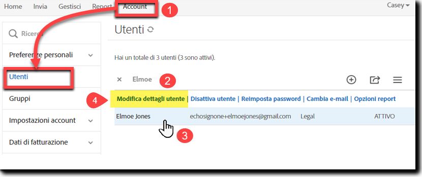 Passa all’utente e seleziona Modifica utente.