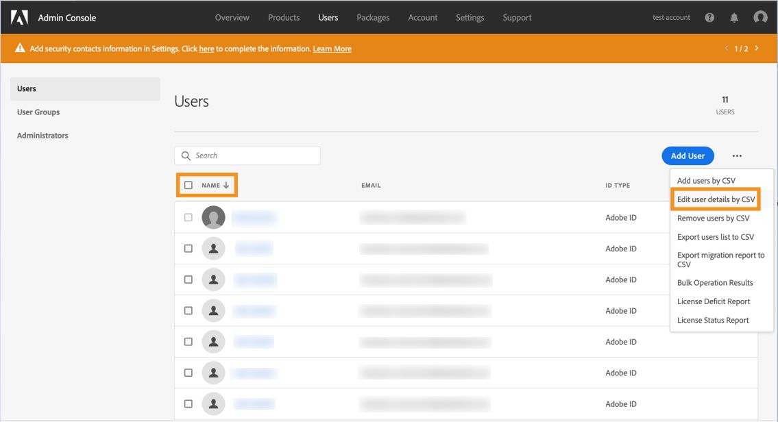 Felhasználói adatok módosítása