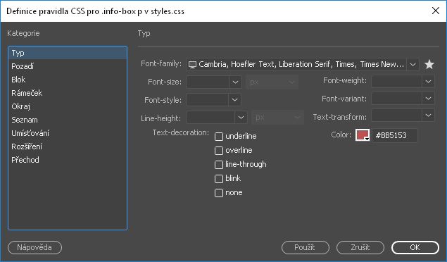 Úpravy pravidel CSS v&nbsp;aplikaci Dreamweaver