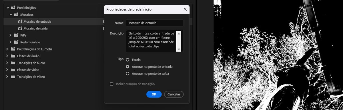A caixa de diálogo Propriedades da predefinição está aberta e há detalhes da predefinição que você pode ajustar.