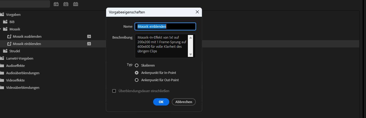 Das Dialogfeld „Vorgabeeigenschaften“ ist geöffnet und es gibt Vorgabendetails, die du anpassen kannst.