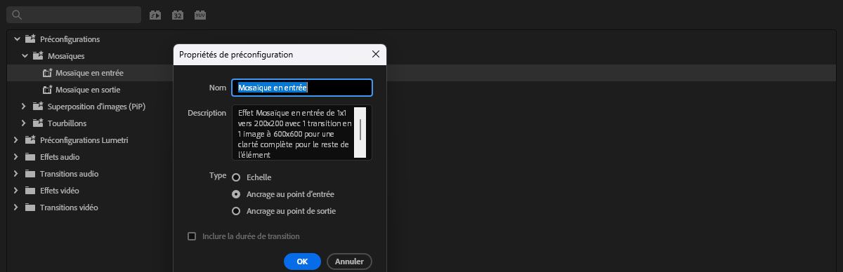 La boîte de dialogue Propriétés du préréglage est ouverte et il y a des détails de préréglage que vous pouvez ajuster.