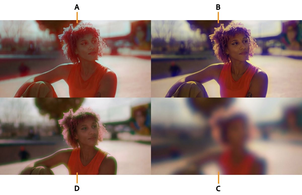 縦の写真に赤、青、緑、および組み合わせたチャネルぼかしを適用した 4 つの画像。