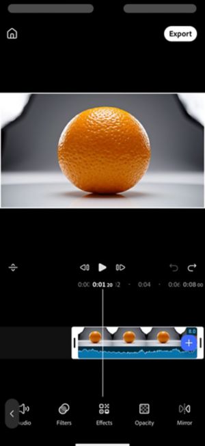 Effects button highlighted in the toolbar with an orange video clip selected.