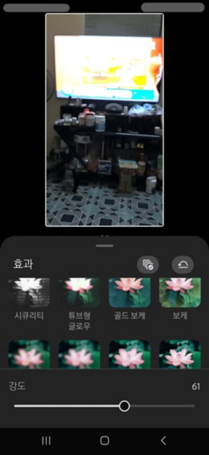 효과 패널에서 이지 셰이크 효과가 선택되고 강도 슬라이더가 50으로 설정되어 있습니다.