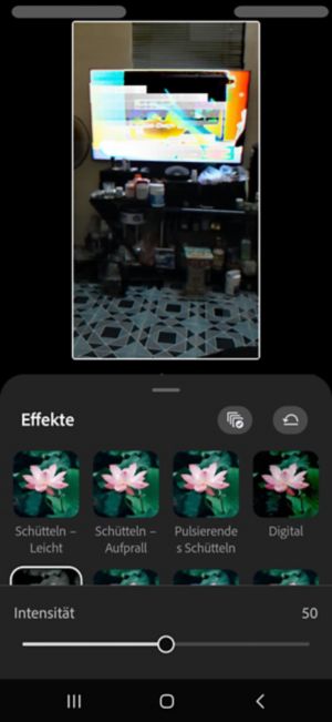 Effekte-Bedienfeld mit einem auf den Clip angewendeten Glitch-Effekt und Intensitätsregler auf 61 eingestellt.