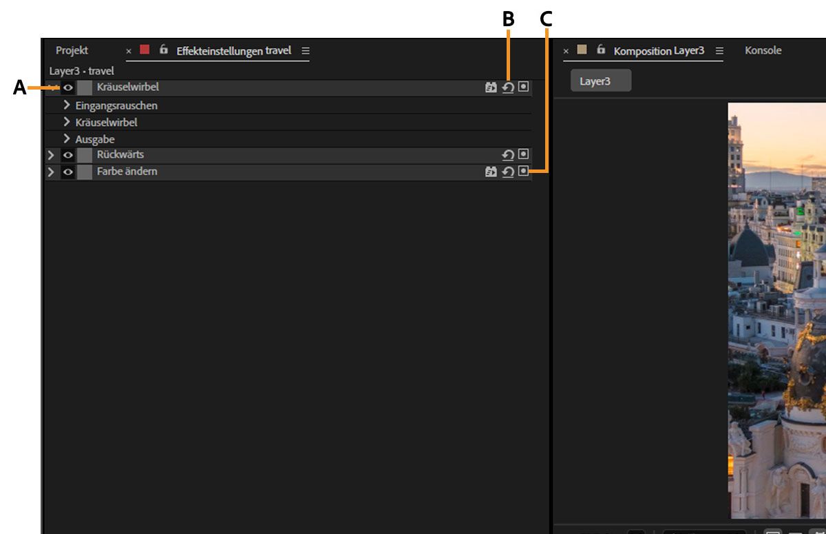 Visuelle Aktualisierungen im Bedienfeld „Effektsteuerung“ sind hervorgehoben.