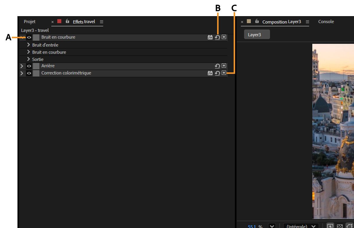Les mises à jour visuelles dans le panneau Options d’effet sont mises en évidence.