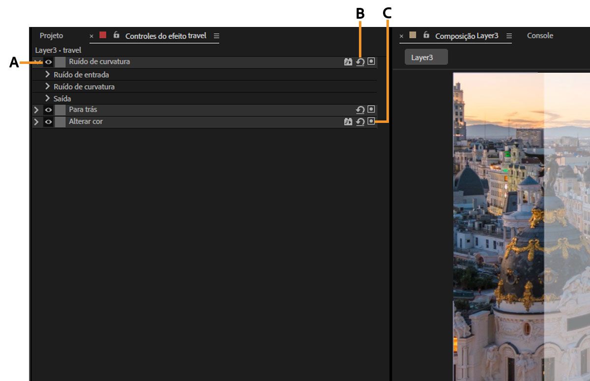 As atualizações visuais no painel Controles de Efeito são destacadas.